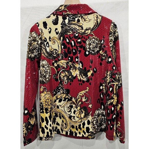 Simonton Says Womens Paillette Jacket Baroque Leopard Shiny Red Maximalist Art M - Picture 2 of 16